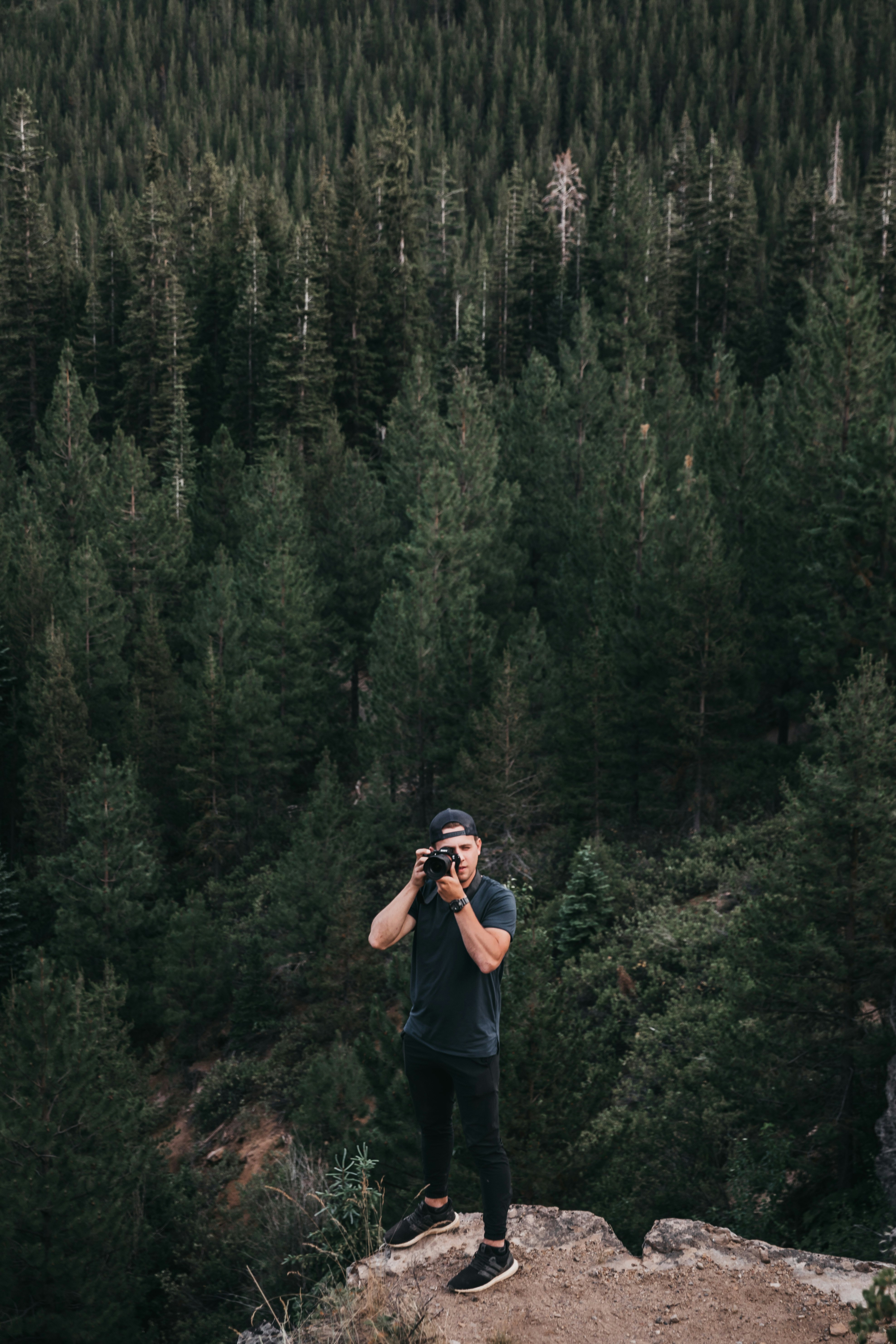 woman in blue jacket standing on forest during daytime